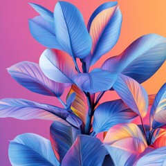 Colorful Plant with Vibrant Blue and Pink Leaves and Artistic Rendering on Gradient Background