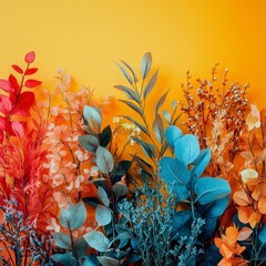 Decorative Arrangement of Colorful Artificial Leaves and Branches Against an Orange Background Perfect for Botanical Themed Decor