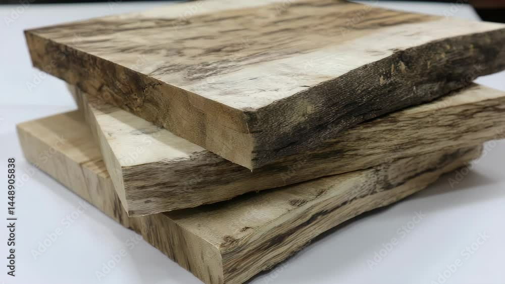Poster close-up of stacked wooden blocks showcasing natural woodgrain texture, creating a raw and rustic ae