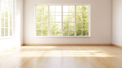Bright and Airy Empty Room with Large Windows Overlooking Lush Greenery