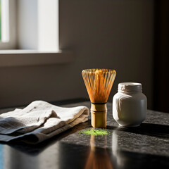 Bamboo Whisk and Ceramic Jar on Dark Table with Linen Cloth