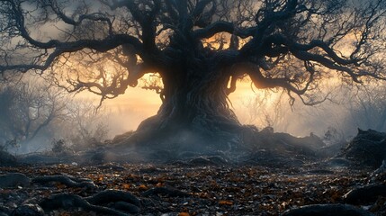 Fototapeta premium Majestic ancient tree in a mystical forest landscape.