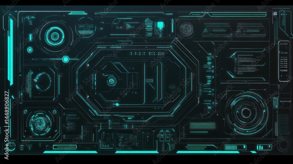 Poster futuristic tech interface: teal digital display