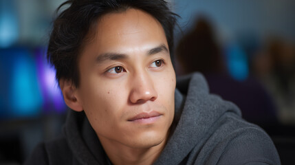 Fototapeta premium Asian professional showing contemplation in a casual setting 