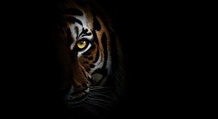 Obraz premium Majestic Tiger Portrait Half Hidden in Shadow Intense Gaze Wildlife Photography