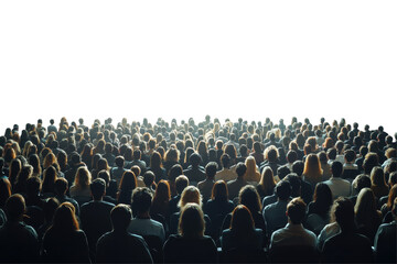 Crowd gathering in a large space with diverse individuals looking toward bright horizon during daytime