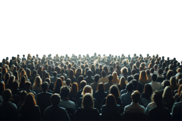 Crowd gathering in a large space with diverse individuals looking toward bright horizon during daytime