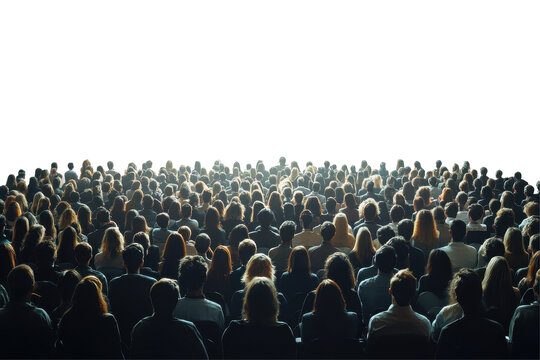 Crowd gathering in a large space with diverse individuals looking toward bright horizon during daytime