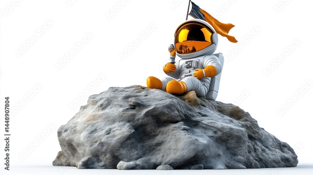 Poster astronaut sitting on a rock with flag space exploration concept for science fiction and advent