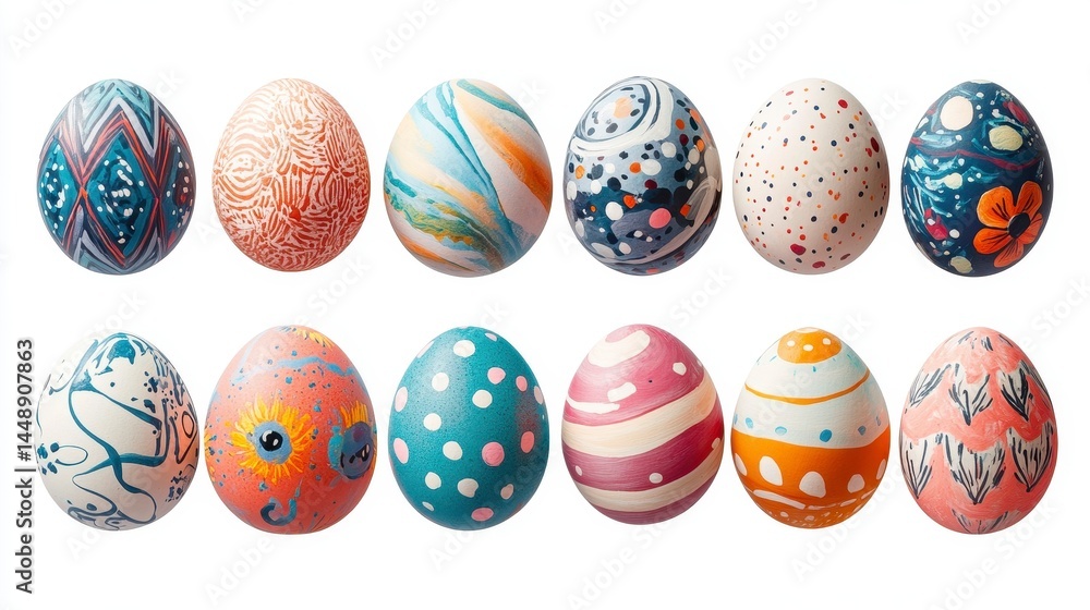 Aufkleber collection of colorful easter eggs with intricate patterns on a white background for festive spring 