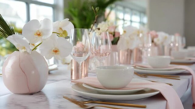 Elegantly styled table setting for an event with white orchid floral centerpiece, light pink linens, gold flatware, and crystal glassware on a marble surface.
