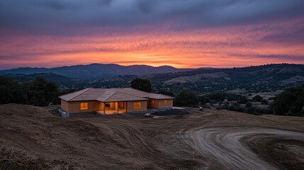 Sunset over Hilltop Home Under Construction