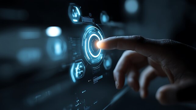 Pressing Glowing Button with Futuristic User Interface