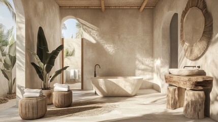 Coastal spa bathroom interior design with natural elements.