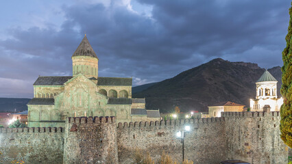 The Svetitskhoveli Cathedral aerial day to night timelapse. Mtskheta, Georgia © HyperlapsePro