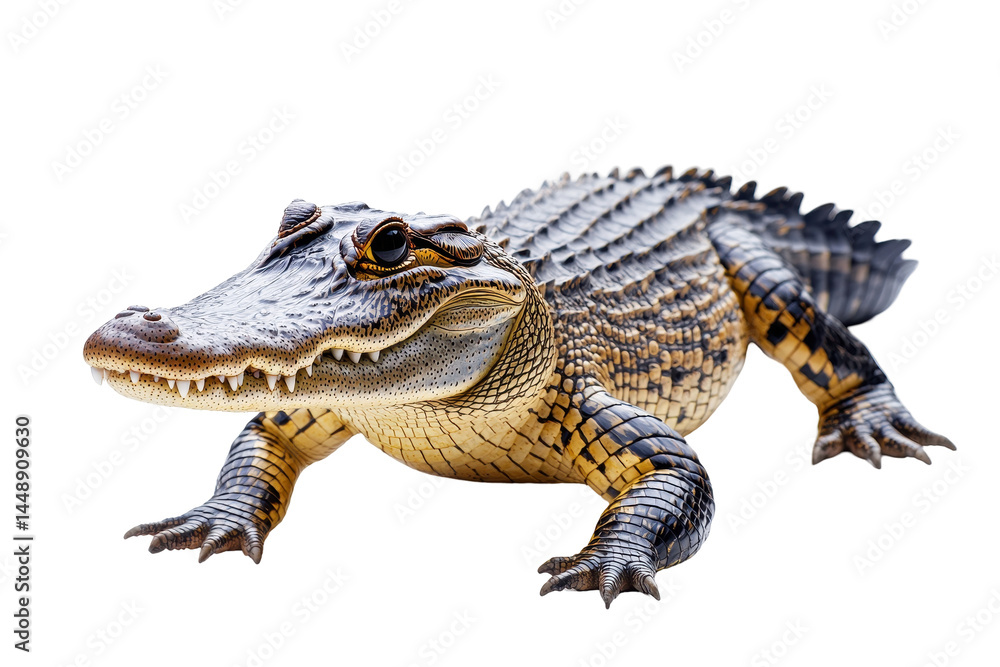 Poster crocodile on a transparent background showcasing intricate details and textures of its skin and feat