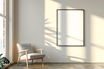 Living room interior with white empty frame mockup poster on the wall
