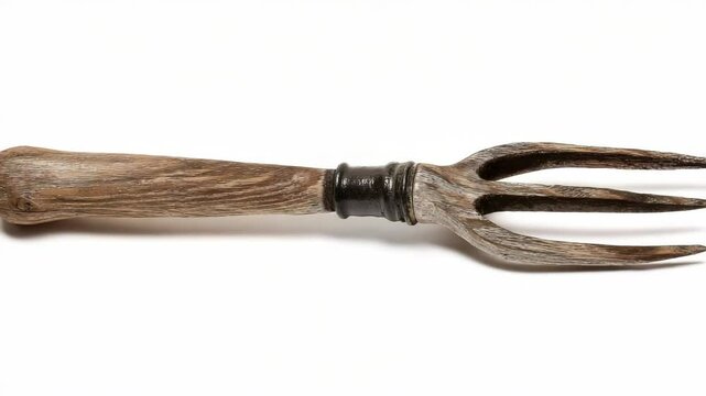 Isolated rustic wooden fork with a textured handle and three tines, showcasing craftsmanship on a plain white background, studio shot