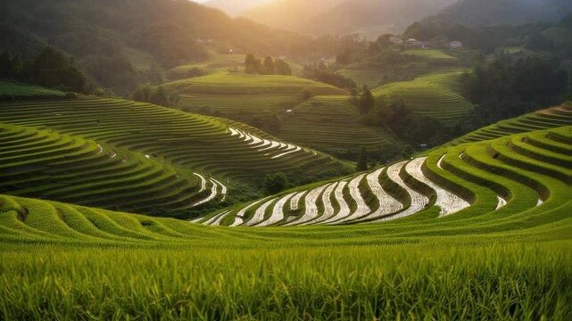 Terraced rice fields at sunset. Asian agricultural landscape with green paddy terraces. Sustainable farming in mountainous area. Rural scenery.