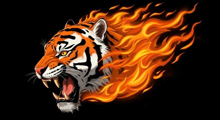 Fototapeta premium Fiery Tiger Head Profile Roaring Wildcat in Flames Intense Animal Art