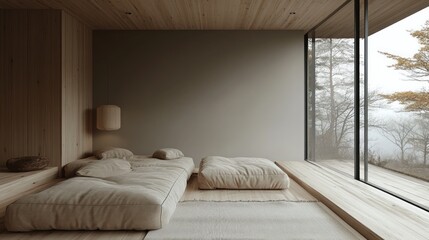 Minimalist wooden bedroom with expansive lake views.