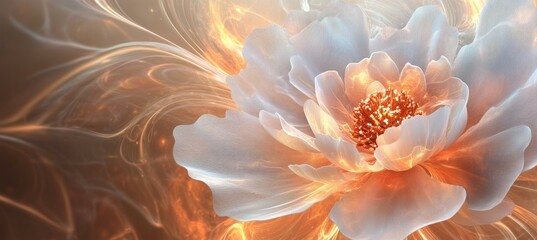 The blossoming flower is beautifully captured in a vibrant digital illustration, boasting delicate orange petals and intricate white accents that convey a sense of peacefulness and sophistication