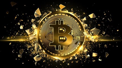 Gold Bitcoin exploding in a burst of golden debris on a dark background.  Detailed intricate design