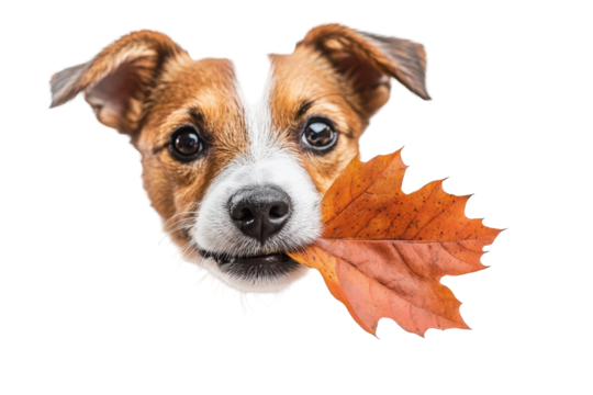 Dog holding a colorful autumn leaf in its mouth with a joyful expression, showcasing a playful interaction with nature during fall season