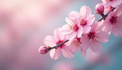 Fototapeta premium Delicate pink cherry blossoms, full bloom, soft pastel background, flower, flower pattern, sakura