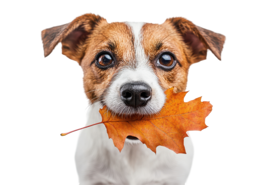 Dog holding a colorful autumn leaf in its mouth with a joyful expression, showcasing a playful interaction with nature during fall season