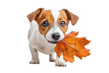 Dog holding a colorful autumn leaf in its mouth with a joyful expression, showcasing a playful interaction with nature during fall season