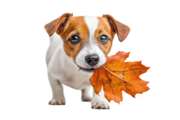 Dog holding a colorful autumn leaf in its mouth with a joyful expression, showcasing a playful interaction with nature during fall season