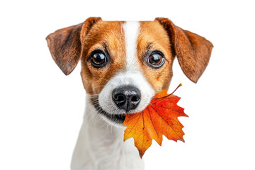 Dog holding a colorful autumn leaf in its mouth with a joyful expression, showcasing a playful interaction with nature during fall season