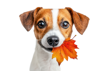 Dog holding a colorful autumn leaf in its mouth with a joyful expression, showcasing a playful interaction with nature during fall season