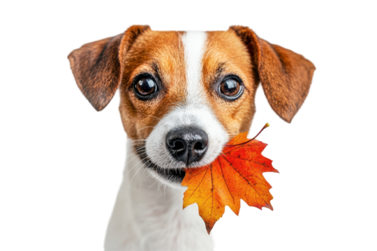 Dog holding a colorful autumn leaf in its mouth with a joyful expression, showcasing a playful interaction with nature during fall season