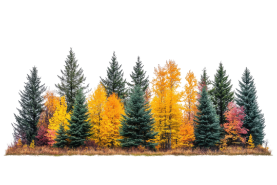 Colorful autumn foliage with vibrant red, orange, and yellow leaves alongside evergreen trees against a transparent background