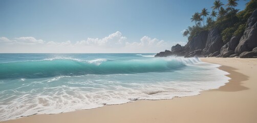 Serene blue ocean waves softly caress the sandy shore , landscape, summer, peaceful