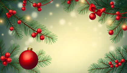 Christmas background with fir branches and holiday decoration, graphic novel art. with white shades