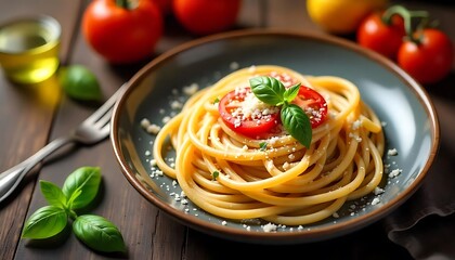 Italian spaghetti ingredients tomato, parmesan, basil, olive oil on wood, Bowl of spaghetti with cherry tomatoes, basil and olives on black background, created with generative ai
