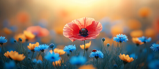 Dreamy wildflower meadow at sunset. Poppies, cornflowers, daisies, and swaying grass create a warm, inviting pastoral scene. Ideal for spring, summer designs.