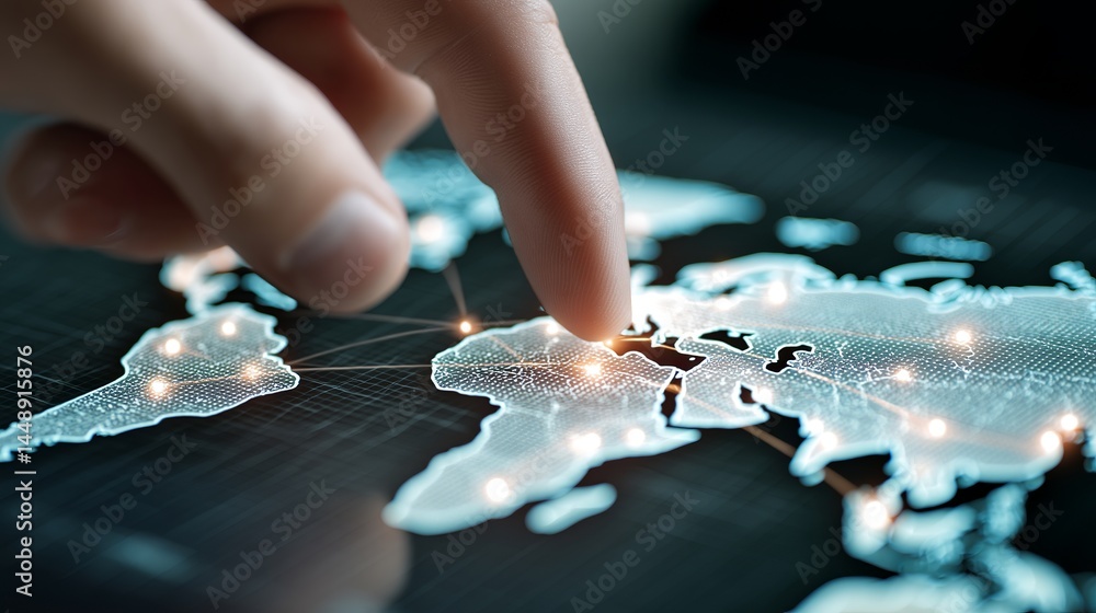 Poster digital world map global network connection technology futuristic interactive screen touching finger