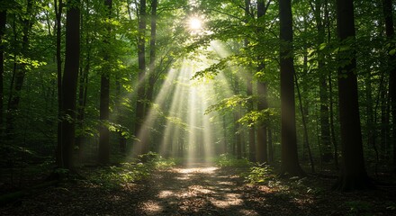 Obraz premium Sunlit Forest Path: A Serene, Mystical Scene