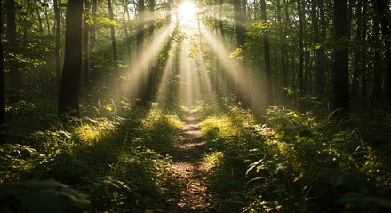 Obraz premium Sunlit Forest Path: A Serene Nature Photograph