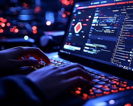 Hands typing on laptop with digital code and data display