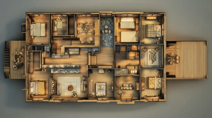 Luxurious Cabin Floor Plan: A Detailed 3D Architectural Rendering of a Spacious Mountain Retreat