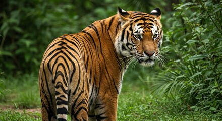 Obraz premium Majestic Bengal Tiger in Lush Green Jungle Habitat Wildlife Photography