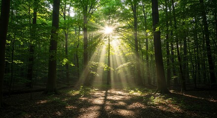Obraz premium Sunlit Forest Path: Serene Greens and Golden Rays
