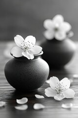 Cherry blossoms with vases, and dark wood.