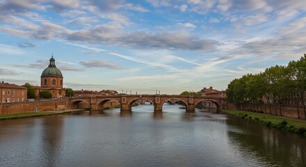 Toulouse's Pont Neuf Bridge: Serene River Scene with Dome