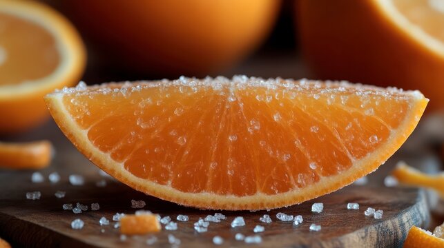Juicy Orange Slice with Crystals A Vibrant and Refreshing Fruit Display for Culinary and Bever